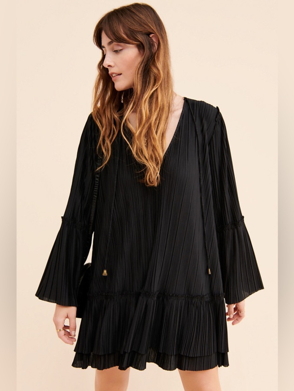Free People Black Pleated V-Neck Bell Sleeve Mini Dress